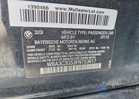 2015 BMW 320 I xDrive z USA, uszkodzony, nr VIN WBA3C3G53FNT53817